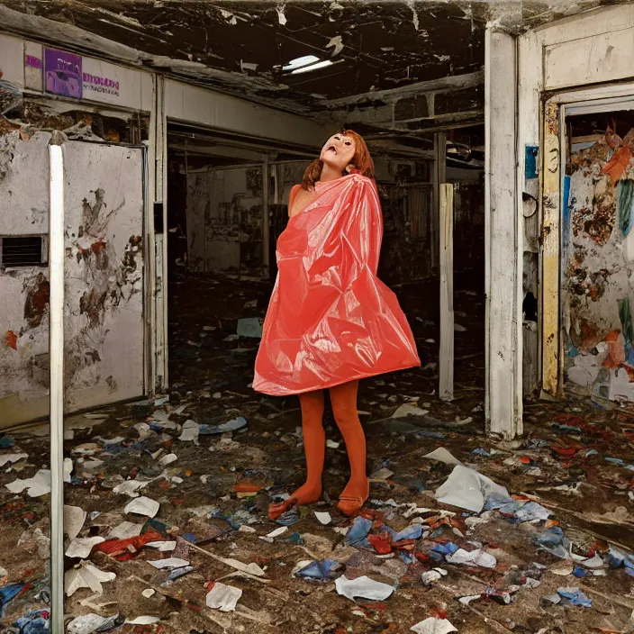 Prompt: a color photograph, closeup portrait of a woman wrapped in plastic, standing in an abandoned grocery store, color photograph, by vincent desiderio, canon eos c 3 0 0, ƒ 1. 8, 3 5 mm, 8 k, medium - format print