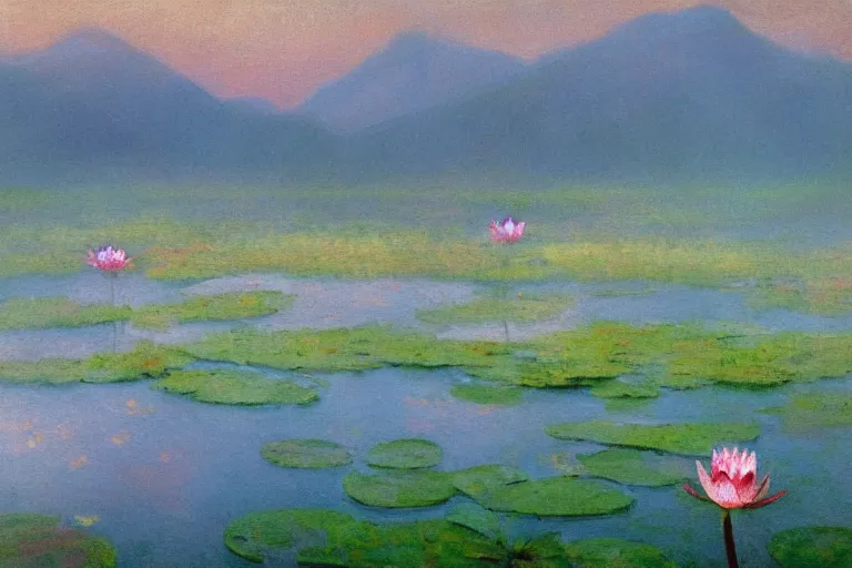 Image similar to impressionism painting of a pond of water lily on a foggy morning, sun low on horizon through snow capped mountains, soft light, misty