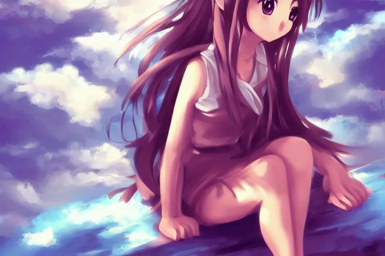 Image similar to a cute anime girl sitting on a cloud, digital painting, anime, portrait