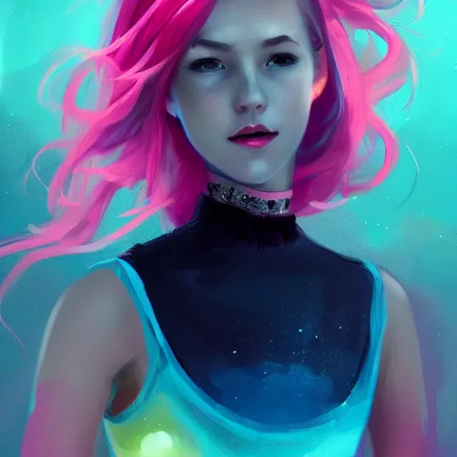 Image similar to colorful and festive captivating teenager girl with pink hair, cyan top crop, black skirt, black leggings, cute look. rich vivid colors, ambient lighting, dynamic lighting, 4 k, atmospheric lighting, painted, intricate, highly detailed by charlie bowater