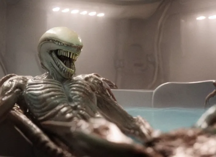 Image similar to film still of alien!! xenomorph!! relaxing in a hot tub in the new alien movie, 4 k