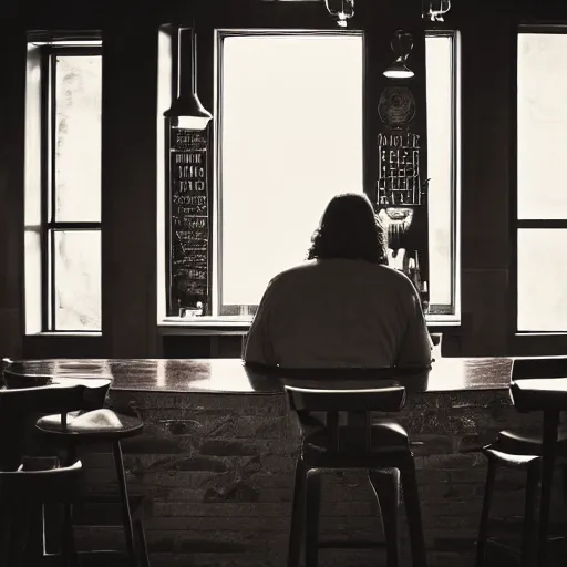 Image similar to a still of jesus sitting down on a stool at the bar, last call. it's dark and smoky. god rays through fog.