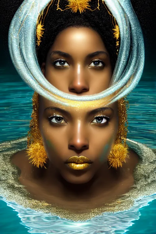 Prompt: hyperrealistic post - classical cinematic very beautiful! black oshun goddess with white! eyes in water, white body paint, mirror dripping droplet!, gold flowers, highly detailed digital art masterpiece, smooth etienne sandorfi eric zener dramatic pearlescent soft teal light, ground angle uhd 8 k, sharp focus
