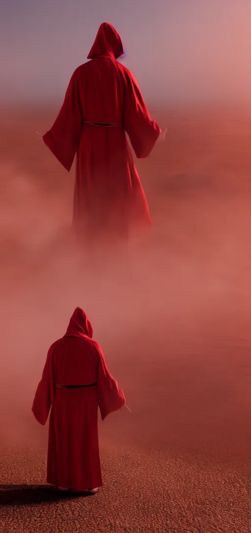 Prompt: an evil demon wearing red robes in a desert, sunny weather, rendered in octane, realistic, 8 k, vivid, intricate, detailed, mist, fog, dramatic light