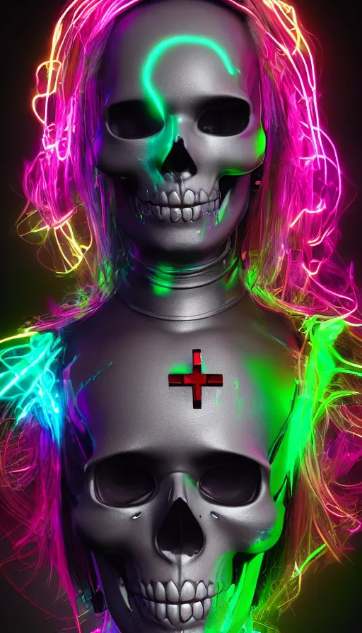 Prompt: a colorful skull with a cross on it's forehead, cyberpunk art by stanley twardowicz, cgsociety, computer art, neon, wallpaper, glowing neon, a woman wearing a silver dress and a silver mask, cyberpunk art by zhou fang, cgsociety, computer art, daz 3 d, zbrush, rendered in maya