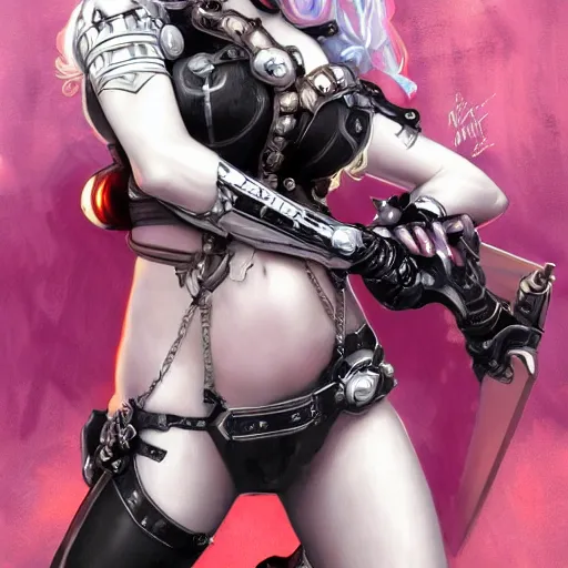 Image similar to a portrait of Harley Quinn in bikini armor, Warhammer 40000, cyberpunk, intricate, elegant, highly detailed, digital painting, trending on artstation, concept art, smooth, sharp focus, illustration, art by Ruan Jia and Mandy Jurgens and Artgerm and william-adolphe bouguereau and greg rutkowski and alphonse mucha