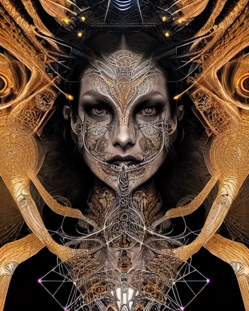 Prompt: hyperrealistic detailed face portrait of the beautiful dark goddess with an intricate golden ornamental geometrical ritual mask, intricate cyberpunk tattoos, glowing ceremonial markings, emotionally dark figure, insane details, art by ernst haeckel, nekro borja, android jones, gothic - cyberpunk, ornamental, dimmed pastel colours,