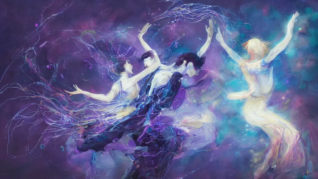 Image similar to a detailed painting of two people dancing togheter inspired by yoshitaka amano enveloped in trails of colorful animal ghosts floating around them. clean painting, realistic and auora lighting. dark blue and intense purple color palette, art by kuvshinov ilya, 8 k