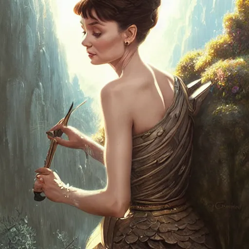 Image similar to audrey hepburn as a fary in an epic fantasy novel, various backgrounds, intricate, elegant, highly detailed, digital painting, artstation, matte, illustration, art by artgerm, greg rutkowski, tom bagshaw