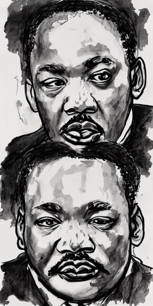 Prompt: a loose wild messy ink sketch portrait of Martin Luther king in the style of ralph steadman, caricature, dramatic