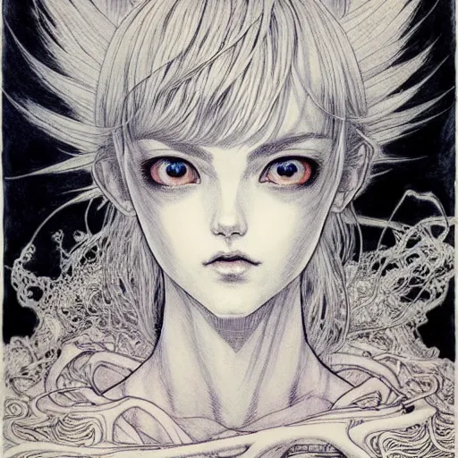 Image similar to prompt: Fragile looking vessel portrait soft light drawn by Vania Zouravliov, inspired by Akira 1988 anime, magical and alchemical weapons, soft light, white background, intricate detail, intricate ink painting detail, sharp high detail, manga and anime 2000