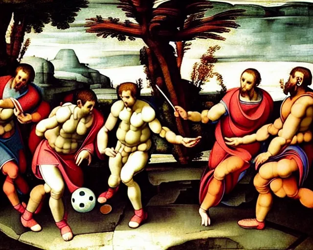 Image similar to “people in ancient greek clothes playing football, landscape zoomed out, renaissance painting by Michelangelo, 8k, hyperdetailed, ultra detail, UHD, high quality”