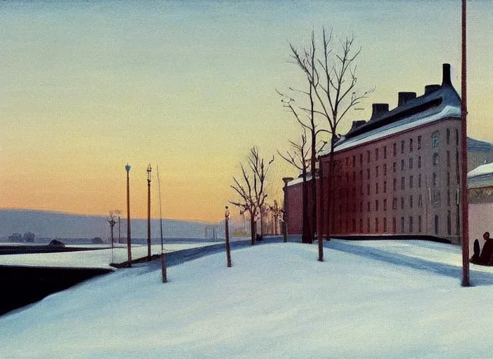 Image similar to a peaceful view of a helsinki on a winter evening, snowfall, cold color scheme, painting by edward hopper