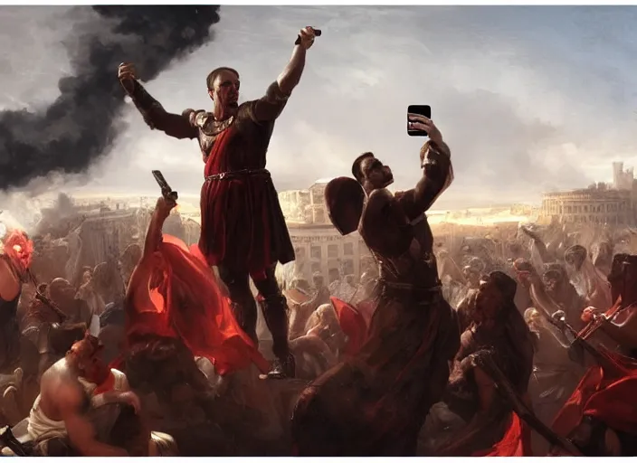 Image similar to julius caesar taking a selfie with an iphone as rome burns behind him by wlop and raymond swanland