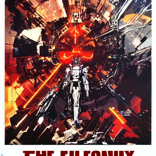 Image similar to the fullmetal neon friendly robot orion crosses the infinite boundary between reality and simulation, game poster by dave mckean, ivan shishkin, james jean and yoji shinkawa