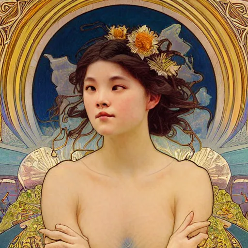 Image similar to detailed portrait art nouveau painting of Ashley Liao as the goddess of the sun, with anxious, piercing eyes, by Alphonse Mucha, Michael Whelan, William Adolphe Bouguereau, John Williams Waterhouse, and Donato Giancola