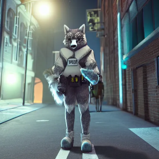 Prompt: furry anthro 3d unreal engine render 4k police officer white wolf in uniform standing under a streetlamp in an alley at night warm lighting