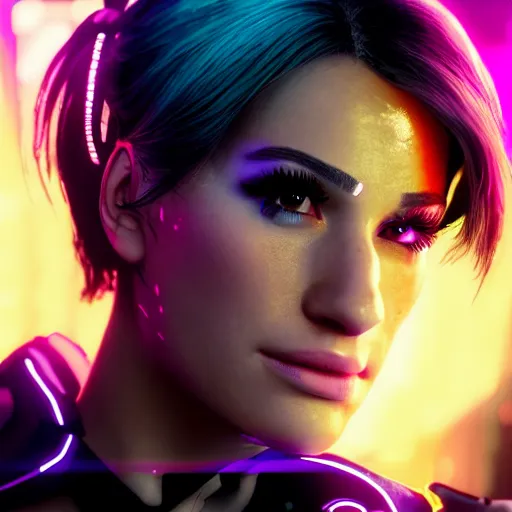 Image similar to lea michele portrait, cyberpunk 2 0 7 7, cyberpunk judy alvarez, photorealistic, ultra detailed, neon, octane, bokeh, cinematic lighting, cyber, cyberpunk city, studio quality, feature, scars, cyberface, 8 k