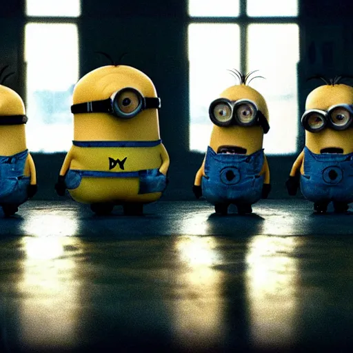 Prompt: the movie se7en!!!!!!!!! starring minions, movie still, directed by David fincher