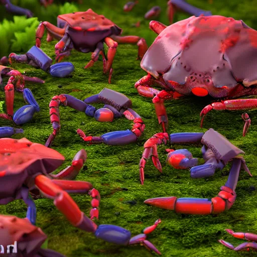 Image similar to large group of crabs and worms, crawling along a bed of moss, low poly, creeper world, handcrafted, artstation, hyperrealistic, hard light, best practices, creeptastic, photorealism, macro perspective, cuddly, Voidless of the Festival!, The Graveyard!!, Blood moon tentacles, outsider art!!!