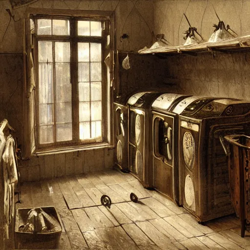 Prompt: detailed painting of a laundry room, filigree ornaments, andreas achenbach,