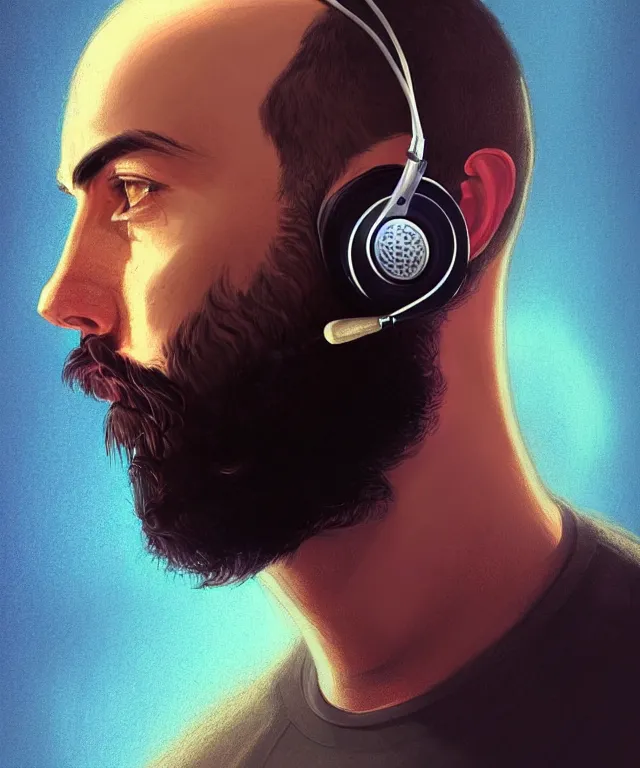 Image similar to Portrait of a male DJ, western european origin, side or front profile, sci-fi, dark eyes, face, shaved head, beard, Headphones, fantasy, LSD Dream Emulator, intricate, rugged, backlit, highly detailed, digital painting, artstation, concept art, smooth, sharp focus, illustration, art by artgerm and greg rutkowski and alphonse mucha