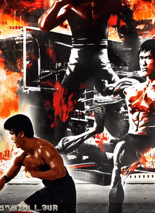 Prompt: Film poster Bruce lee fights VS cyborg terminator, full body, detailed and realistic, 4k, filmic render