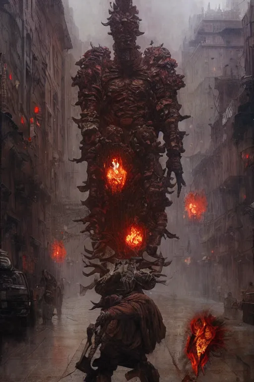 Prompt: huge bipedal hell demon with bulbous torso and flaming head wearing armour walks down city street, painted by ruan jia, raymond swanland, lawrence alma tadema, zdzislaw beksinski, norman rockwell, jack kirby, tom lovell, alex malveda, greg staples