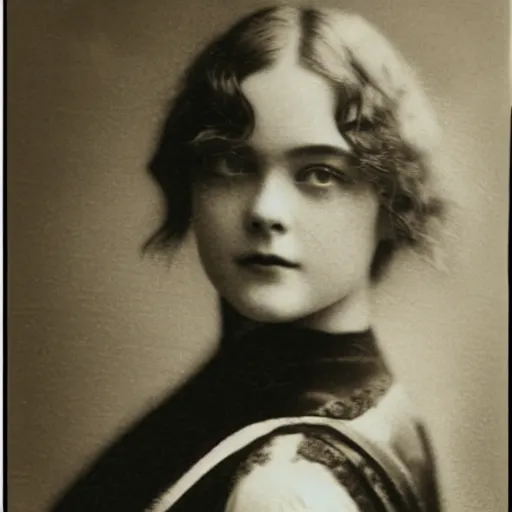 Prompt: Edwardian photograph of Elle Fanning, 1910s, 1900s, 1920s, grainy, detailed