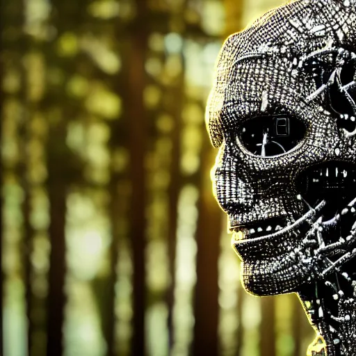 Image similar to super detailed portrait of a terminator's head, packed with cybernetics and and borg enhancements. In a forest with bokeh.