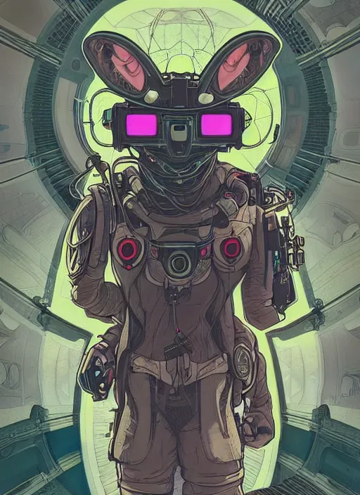 Prompt: cyberpunk buggs bunny. portrait by ashley wood and alphonse mucha and laurie greasley and josan gonzalez and james gurney. spliner cell, apex legends, rb 6 s, hl 2, d & d, cyberpunk 2 0 7 7. realistic face. vivid color. dystopian setting.