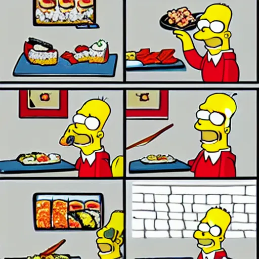 Image similar to homer simpson eating sushi, cartoon style.