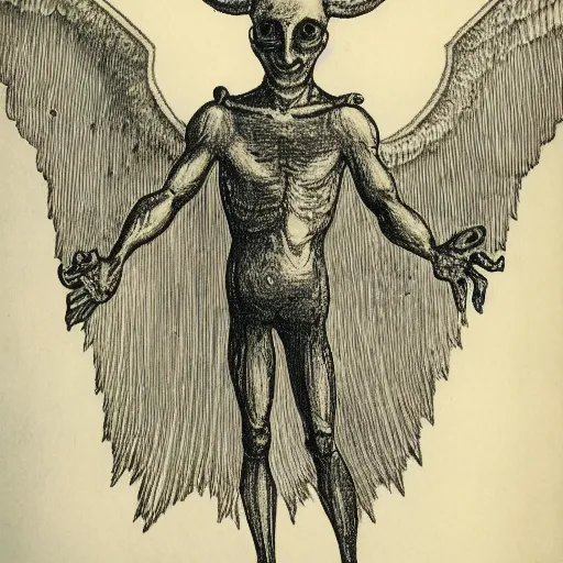 Image similar to humanoid with left half angelic wing and right half demonic wing, arms crossed in a dungeon