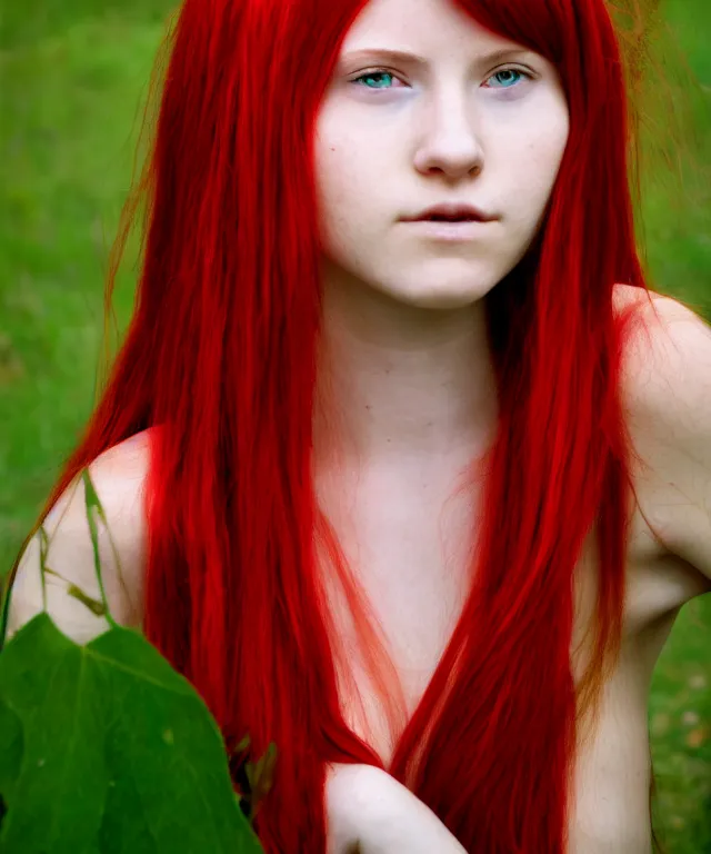 Prompt: Fae teenage girl, portrait, face, long red hair, green highlights