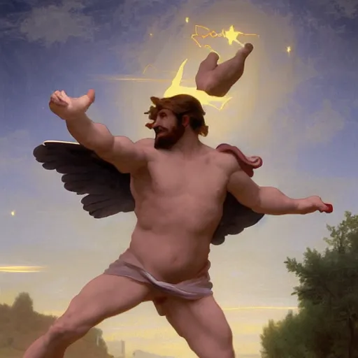 Prompt: Zeus throwing thunders towars the Earth, Gravity Falls (2012), in the style of William-Adolphe Bouguereau, digital art