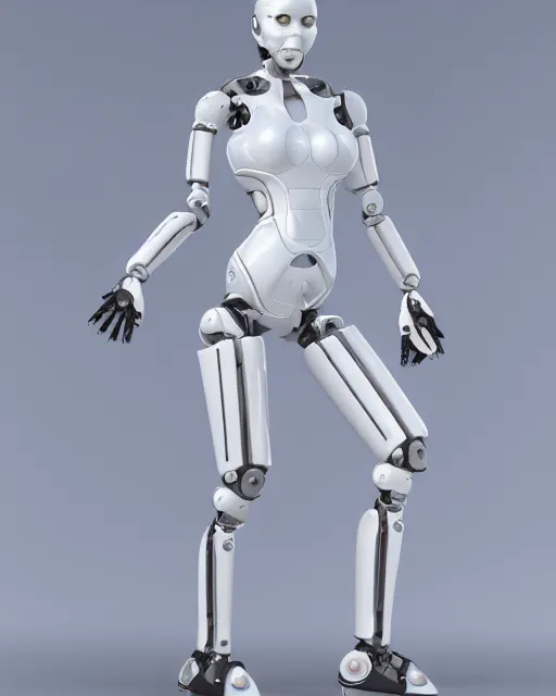 Prompt: full body 3 d render of a humanid female robot, latexб studio lighting, white background, no shadow, blender, trending on artstation, 8 k, highly detailed