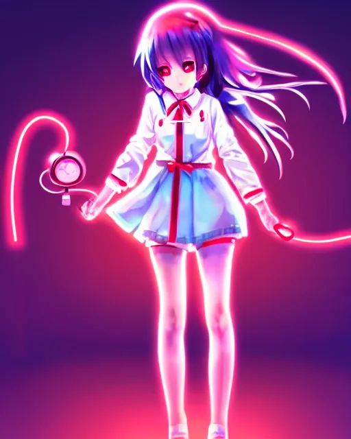 Image similar to anime style, vivid, expressive, full body, 4 k, painting, a cute magical girl with a long wavy hair wearing a nurse outfit, correct proportions, realistic light and shadow effects, neon lights, centered, simple background, studio ghibly makoto shinkai yuji yamaguchi