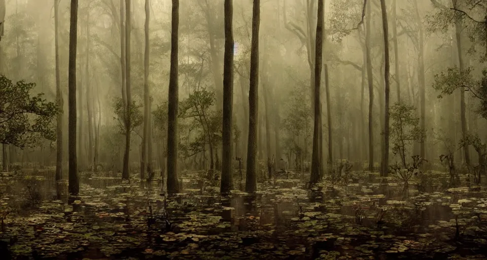 Image similar to A dense and dark enchanted forest with a swamp, by Wes Anderson,