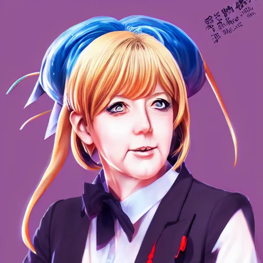 Prompt: anime portrait of Angela Merkel as an anime girl by Stanley Artgerm Lau, WLOP, Rossdraws, James Jean, Andrei Riabovitchev, Marc Simonetti, and Sakimichan, trending on artstation