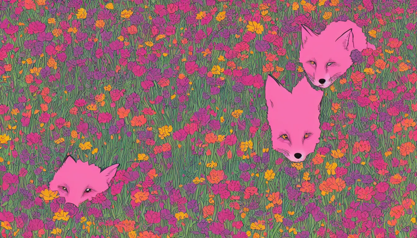Prompt: pink fox head popping out of a field of multi colored flowers by Kilian Eng, minimalist, detailed