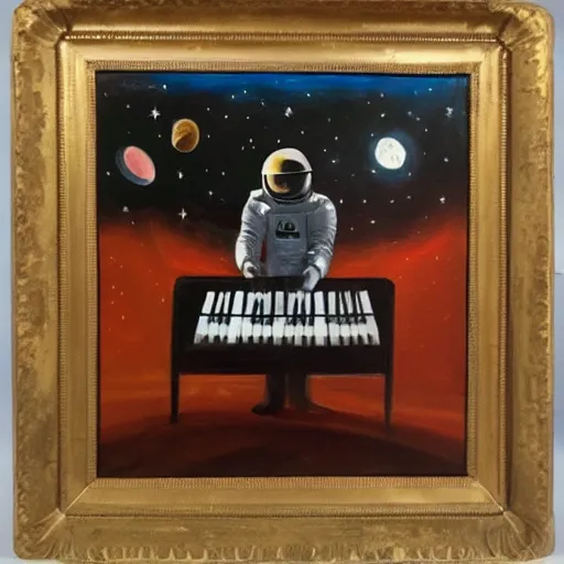 Image similar to oil painting astronaut playing keyboard