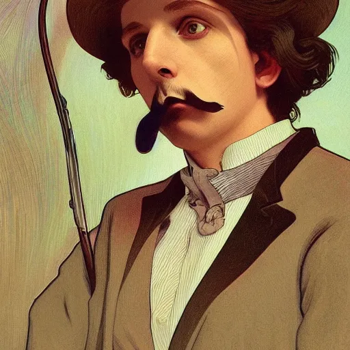 Image similar to a detailed portrait of michael cera as an old west villain, long twirling moustache, by alphonse mucha and arthur mucha, god rays, intricate detail, cinematic, 8 k, featured on artstation, pixiv