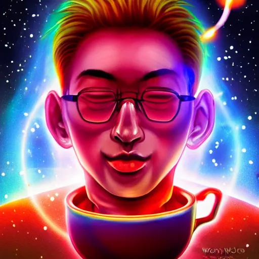 Image similar to A man drinking a cup of cosmic energy bright light by Park Sung-woo Red Ice, 4k, digital art, surreal, anime style,