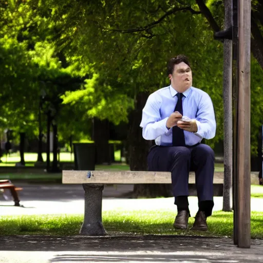 Image similar to A businessman is sitting on a bench eating lunch in a park. A tall ladder lurks menacingly behind him. A tall ladder lurks menacingly behind him. , shadows, realistic, 4k