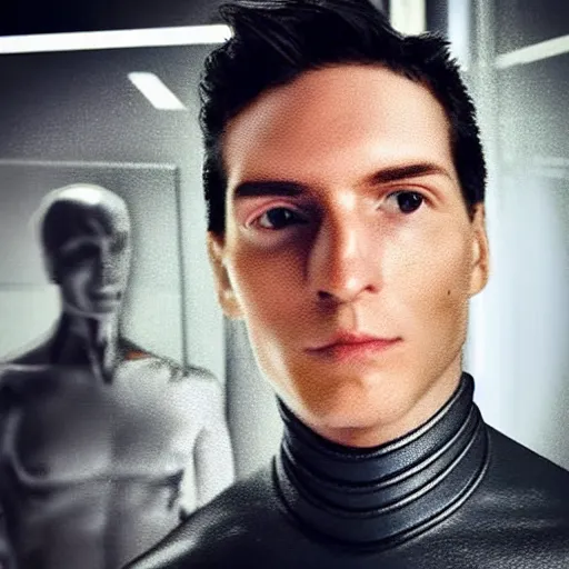 Image similar to “a realistic detailed photo of a guy who is an attractive humanoid who is half robot and half humanoid, who is a male android, News reporter Anthony Conn, shiny skin, posing like a statue, blank stare, reporting the news, on display, sparks coming out of his neck”