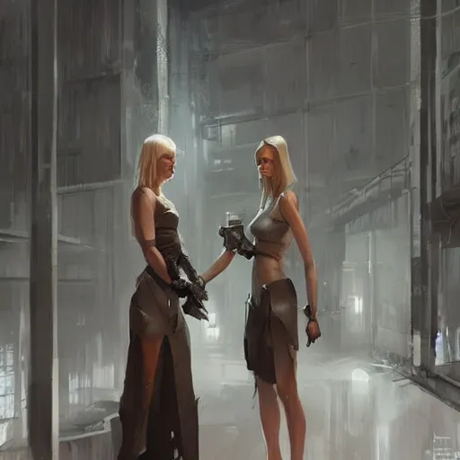 Image similar to concept art by greg rutkowski, a very tall, and slender woman with blond hair, talking with a very tall and slender mand with short black hair, brutalist futuristic interior, dark lighting atmosphere, detailed portraits, nostalgic atmosphere, scifi, digital painting, artstation, concept art, smooth, sharp foccus ilustration, artstation hq