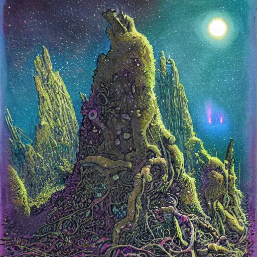 Image similar to an epic concept art, intricate coral, fungal gems, iridescent crystal monoliths, obelisks and an aurora borealis, mossy stumps, cell shading, by moebius, hiroshi yoshida, druillet, colorful, vivid colors