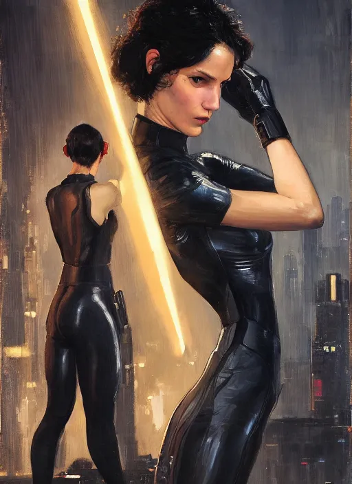 Image similar to selina kyle teaching self defense. cyberpunk mercenary in a cyberpunk jumpsuit ( blade runner 2 0 4 9, cyberpunk 2 0 7 7 ). orientalist portrait by john william waterhouse and james gurney and theodore ralli and nasreddine dinet, oil on canvas. cinematic, hyper realism, realistic proportions, dramatic lighting, high detail 4 k