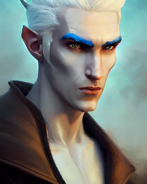 Image similar to character portrait of a slender young half elven man with white hair and white eyebrows, piercing bright blue eyes, and pale bluish skin, by greg rutkowski, mark brookes, jim burns, tom bagshaw, trending on artstation