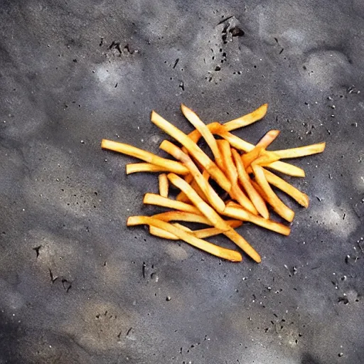 Prompt: photo of a family of fries making a campfire on the moon